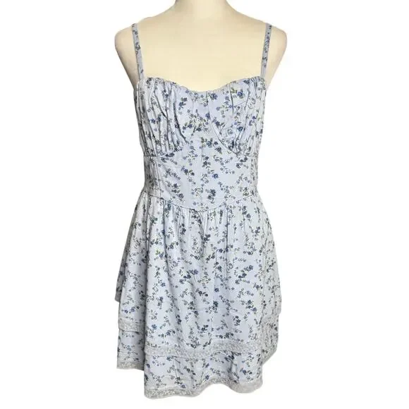 Hollister Baby Blue Floral Tiered Lace Mini Dress - M - Picture 1 of 14